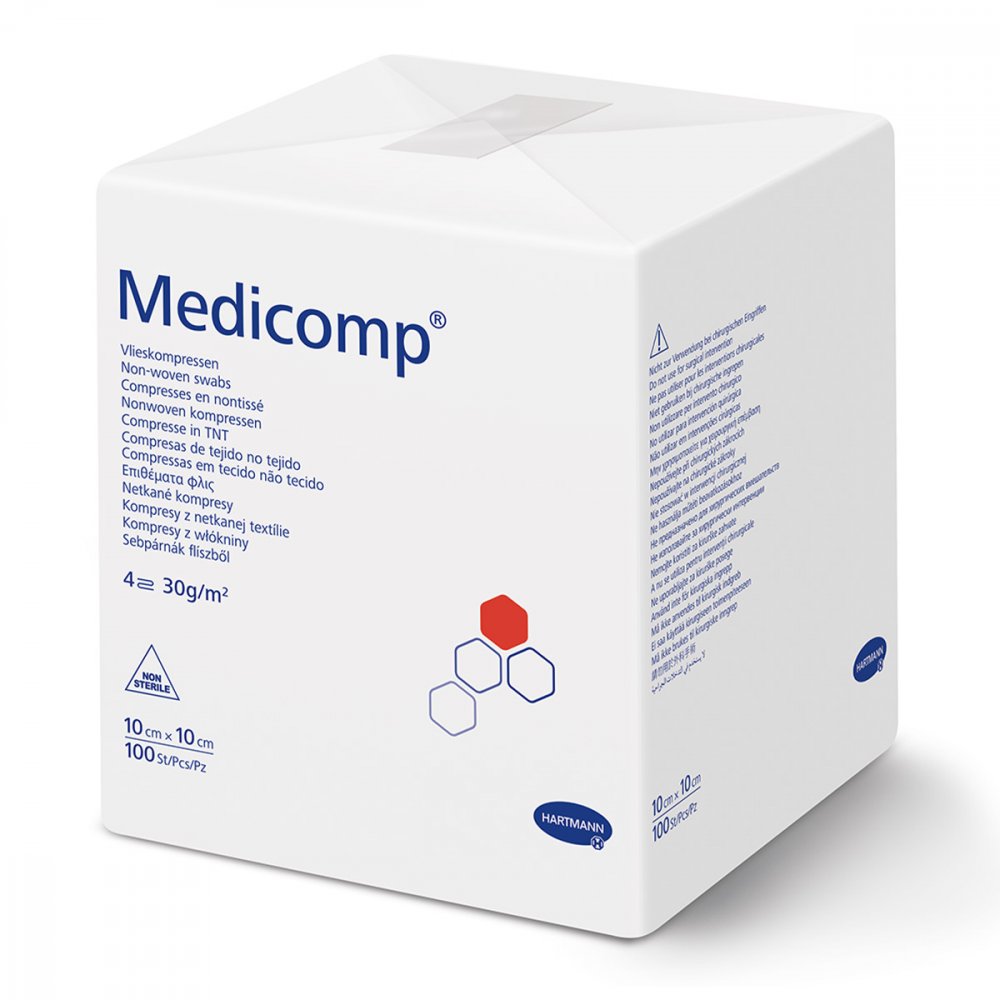 Das Produktfoto zeigt Medicomp Vlieskomp.Unsteril 10x10 Cm 4fach (100 stk) PZN 04783855