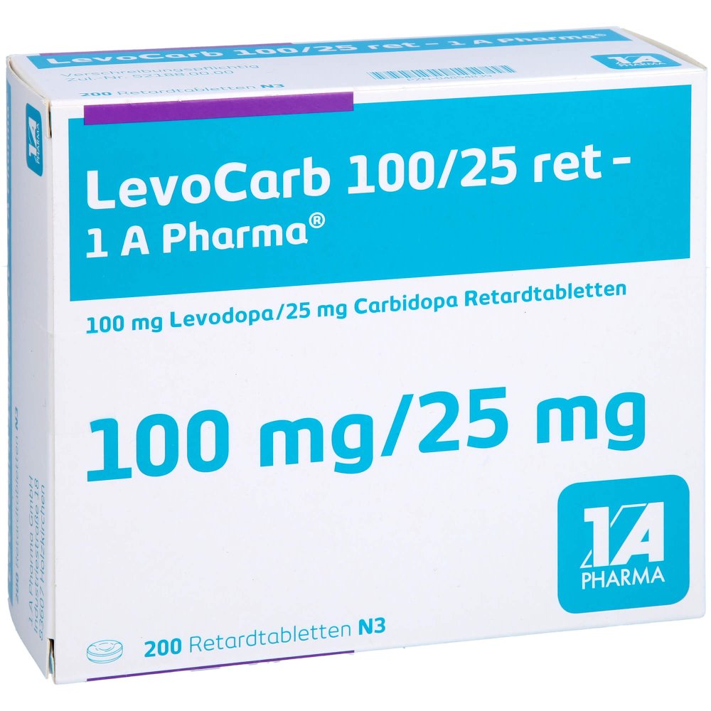Das Produktfoto zeigt Levocarb 100/25 Ret-1a Pharma Retardtabletten (200 stk) PZN 04854839