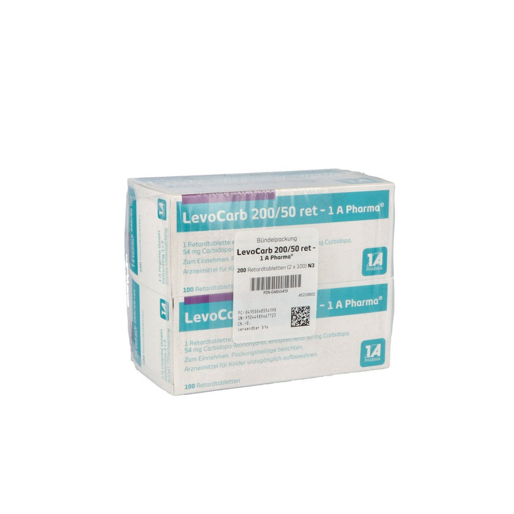 Das Produktfoto zeigt Levocarb 200/50 Ret-1a Pharma Retardtabletten (200 stk) PZN 04855419
