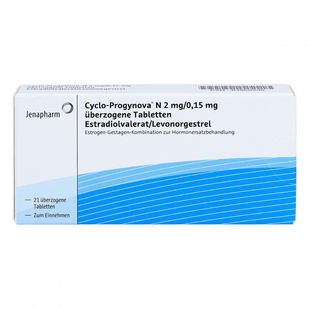 Das Produktfoto zeigt Cyclo Progynova N 2 Mg/0,15 Mg Überzogene Tab. (21 stk) PZN 04868296