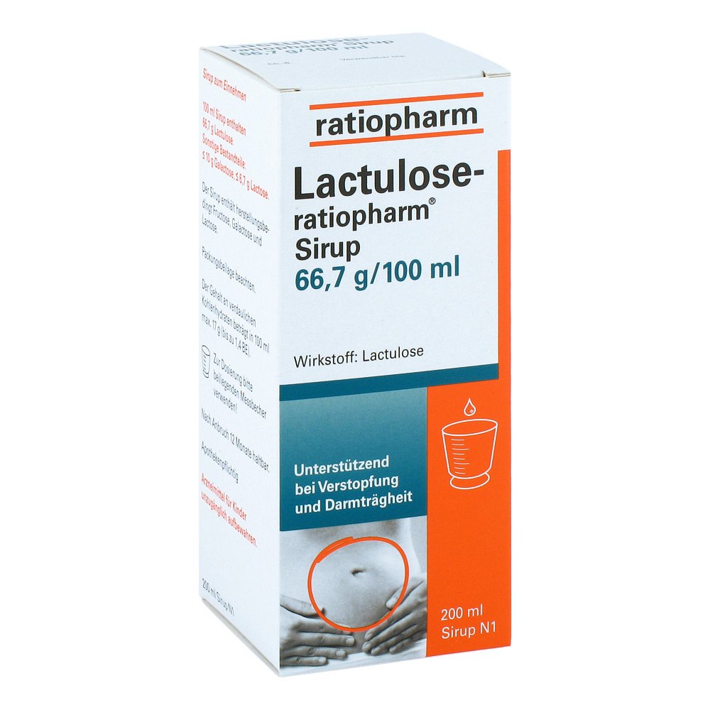 Das Produktfoto zeigt Lactulose-Ratiopharm Sirup (200 ml) PZN 04916859