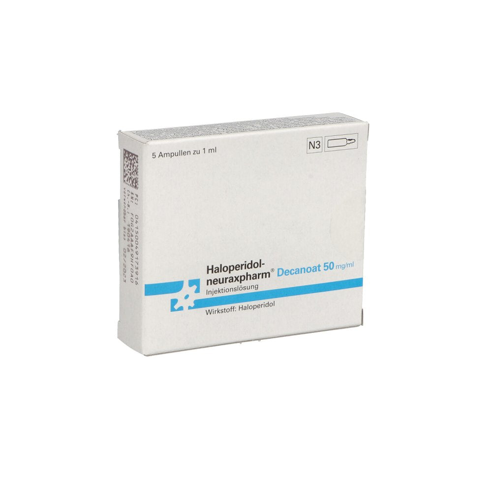 Das Produktfoto zeigt Haloperidol-Neuraxp. Decanoat 50mg/Ml Inj.-Lsg. (5X1 ml) PZN 04917391