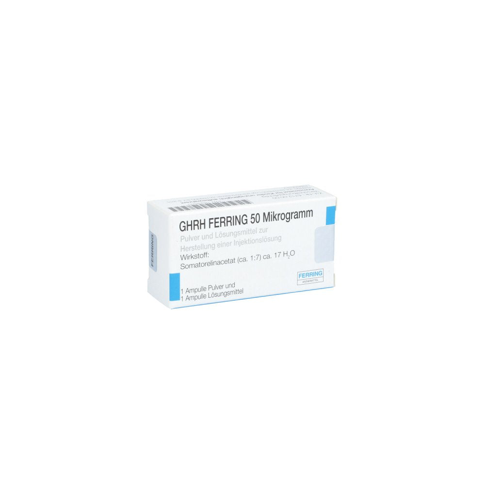 Das Produktfoto zeigt Ghrh Ferring 50 Μg Plv.U.Lsm.Z.H.E.Injektionslsg. (1X1 stk) PZN 04938370