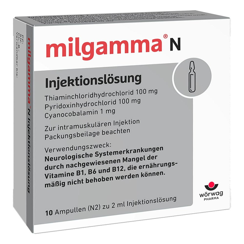Das Produktfoto zeigt Milgamma N Injektionslösung Ampullen (10X2 ml) PZN 04945795