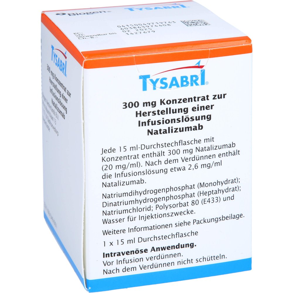 Das Produktfoto zeigt Tysabri 300 Mg 20 Mg/Ml Konz.Z.Herst.E.Inf.-Lsg. (1 stk) PZN 04971976