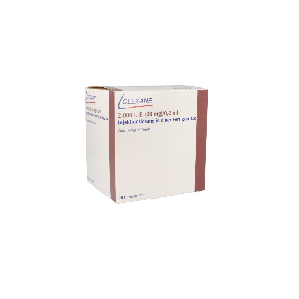 Das Produktfoto zeigt Clexane 2.000 I.E. 20mg/0,2ml Ilo F.Sp.+Sich-Sys. (20 stk) PZN 05013289