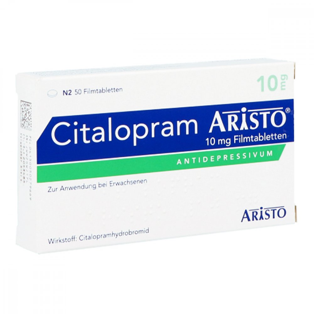 Das Produktfoto zeigt Citalopram Aristo 10 Mg Filmtabletten (50 stk) PZN 05027966