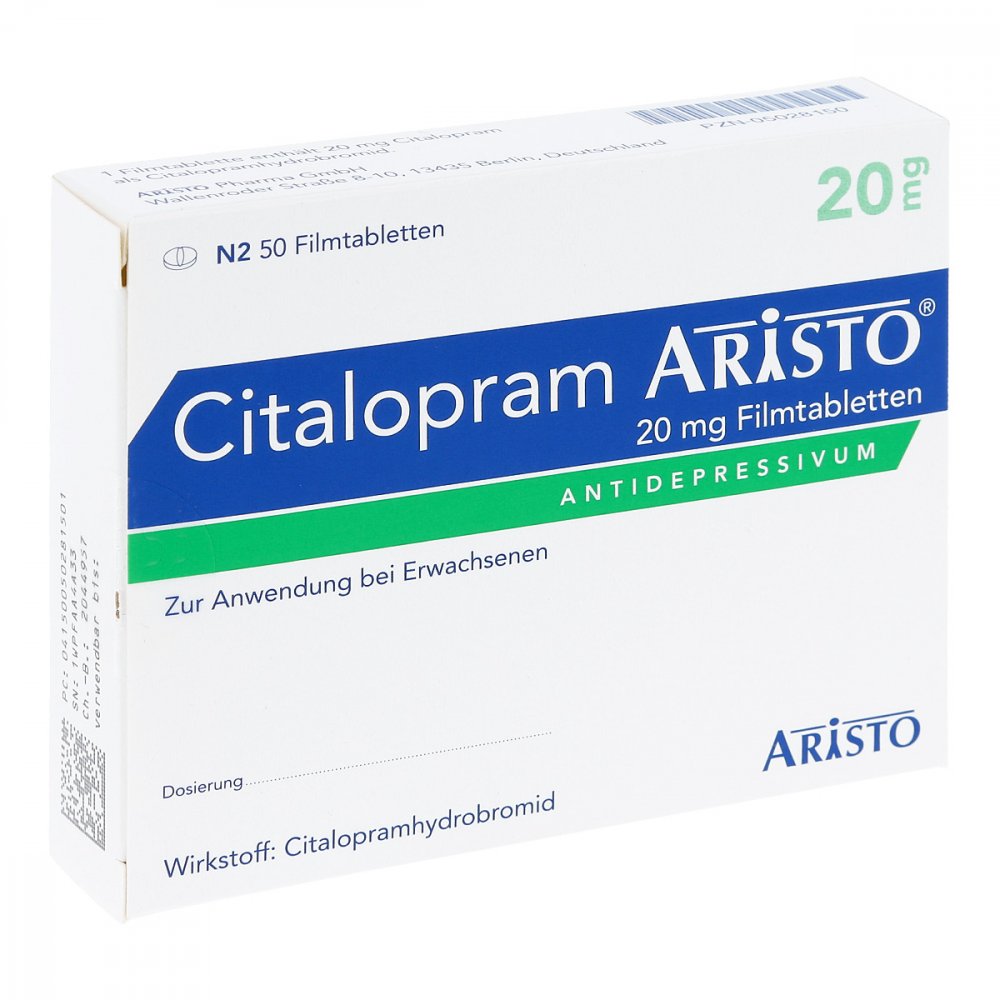 Das Produktfoto zeigt Citalopram Aristo 20 Mg Filmtabletten (50 stk) PZN 05028150