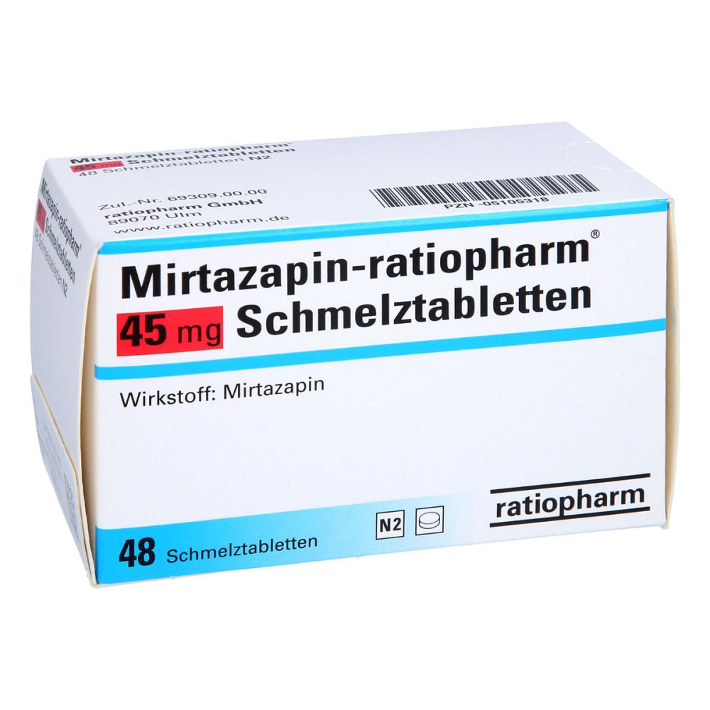Das Produktfoto zeigt Mirtazapin-Ratiopharm 45 Mg Schmelztabletten (48 stk) PZN 05105318