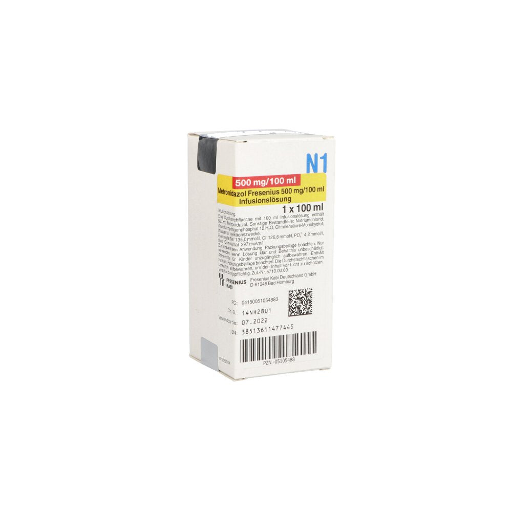 Das Produktfoto zeigt Metronidazol Fresenius 500mg/100ml Glas Inf.-Lsg. (1X100 ml) PZN 05105488