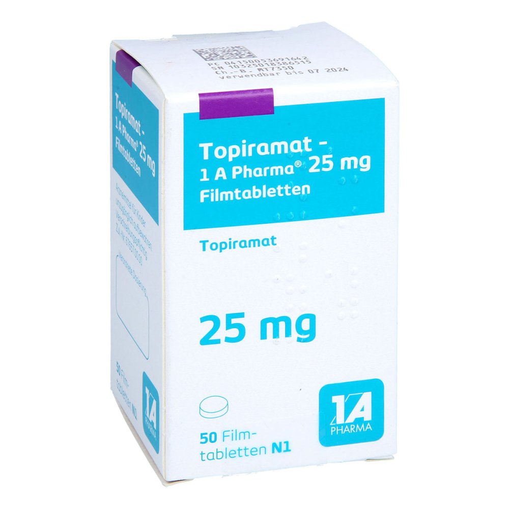 Das Produktfoto zeigt Topiramat-1a Pharma 25 Mg Filmtabletten (50 stk) PZN 05369164