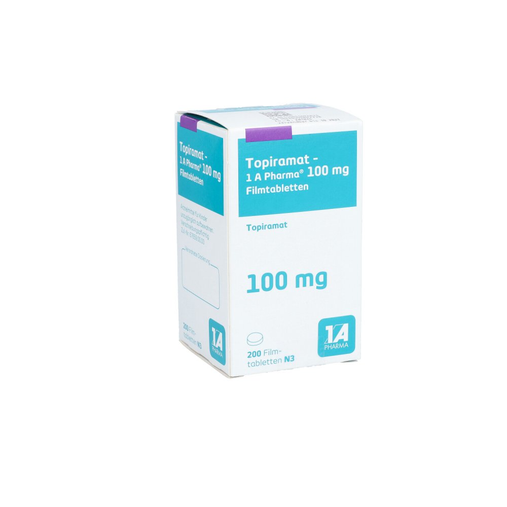 Das Produktfoto zeigt Topiramat-1a Pharma 100 Mg Filmtabletten (200 stk) PZN 05369282
