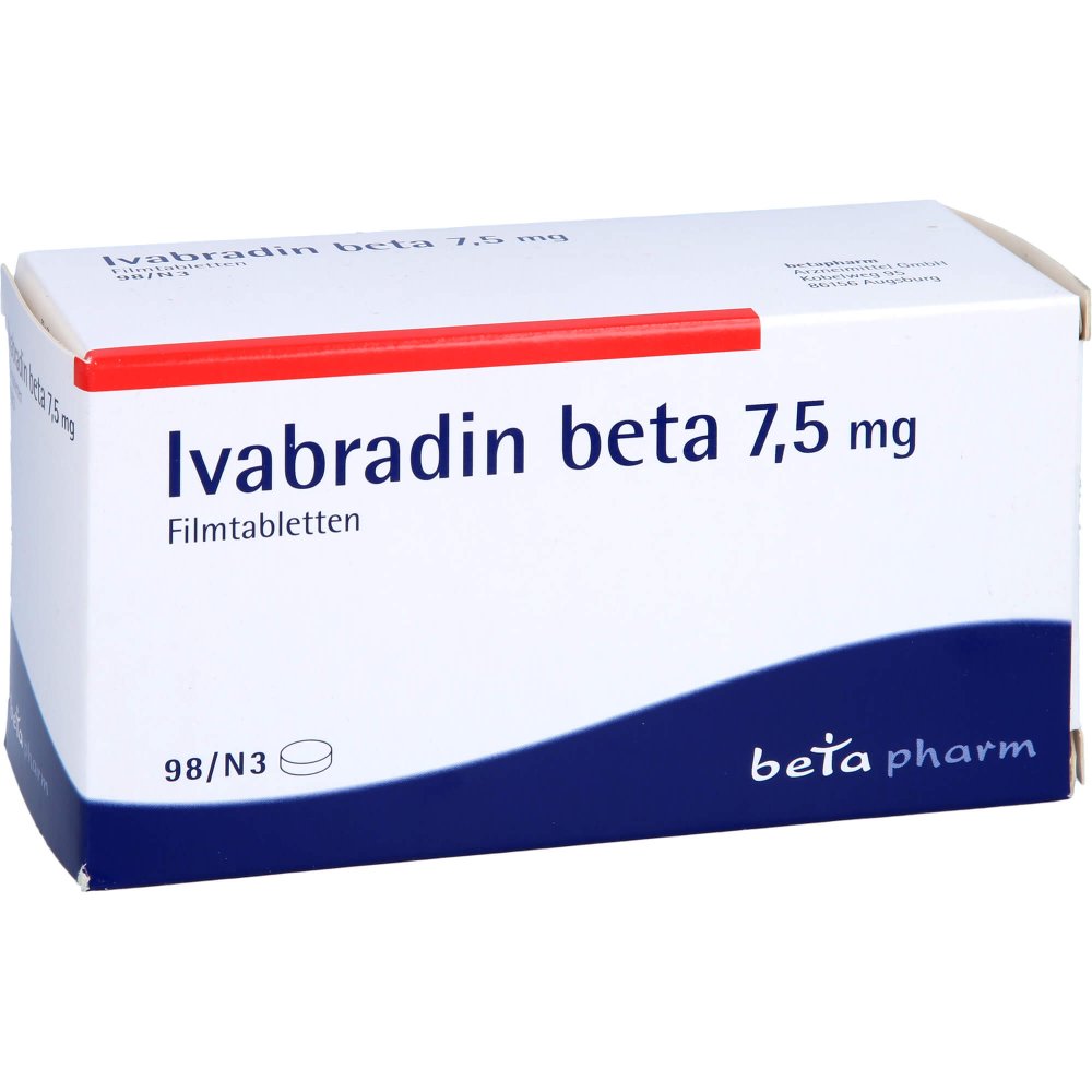 Das Produktfoto zeigt Ivabradin Beta 7,5 Mg Filmtabletten (98 stk) PZN 05378068