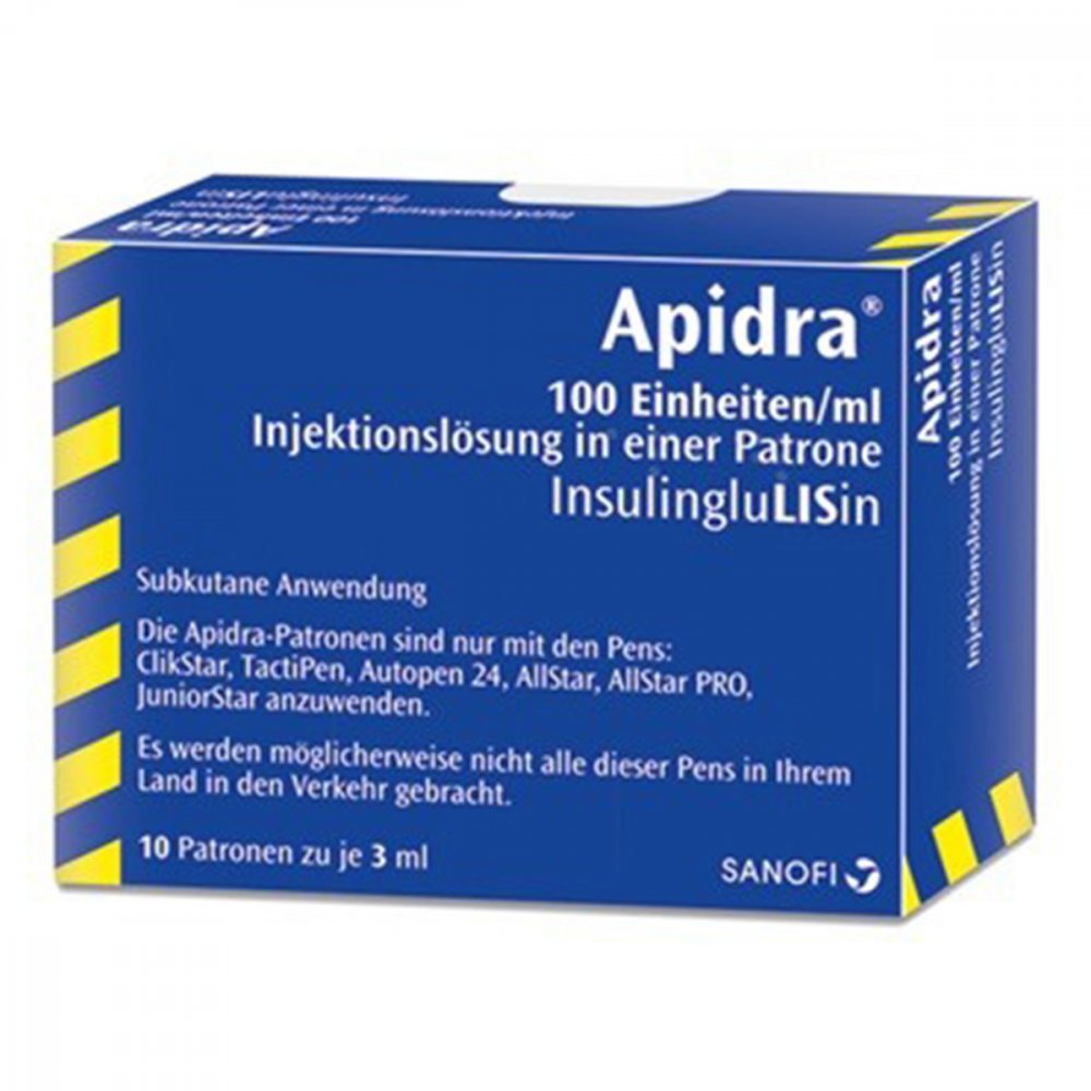 Das Produktfoto zeigt Apidra 100 E/Ml Inj.-Lsg.I.E.Patrone (10X3 ml) PZN 05387647