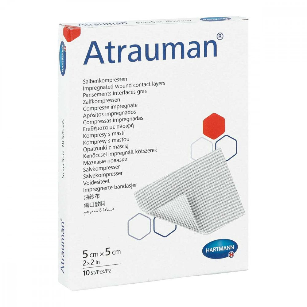 Das Produktfoto zeigt Atrauman 5x5 Cm Steril Kompressen (10 stk) PZN 05397870