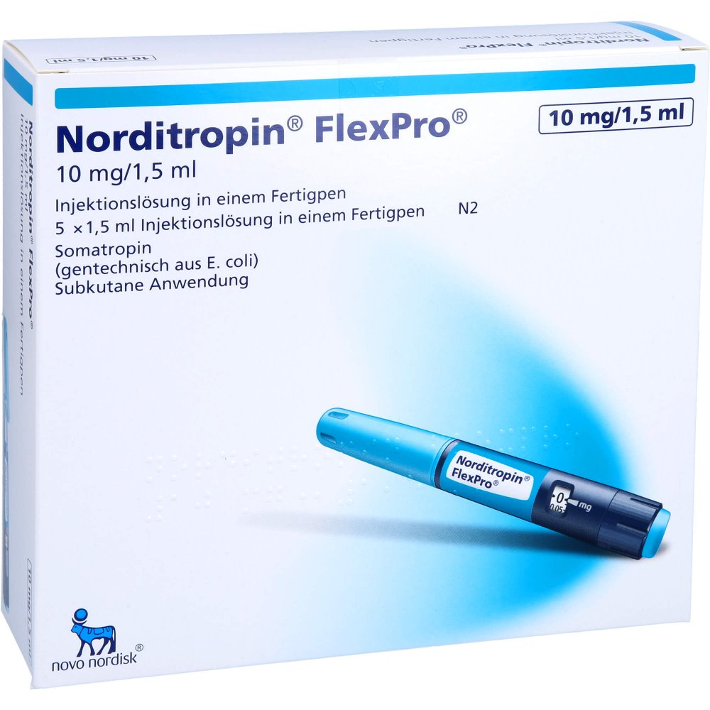Das Produktfoto zeigt Norditropin Flexpro 10 Mg/1,5 Ml Inj.-L.I.E.F.Pen (5X1.5 ml) PZN 05459418
