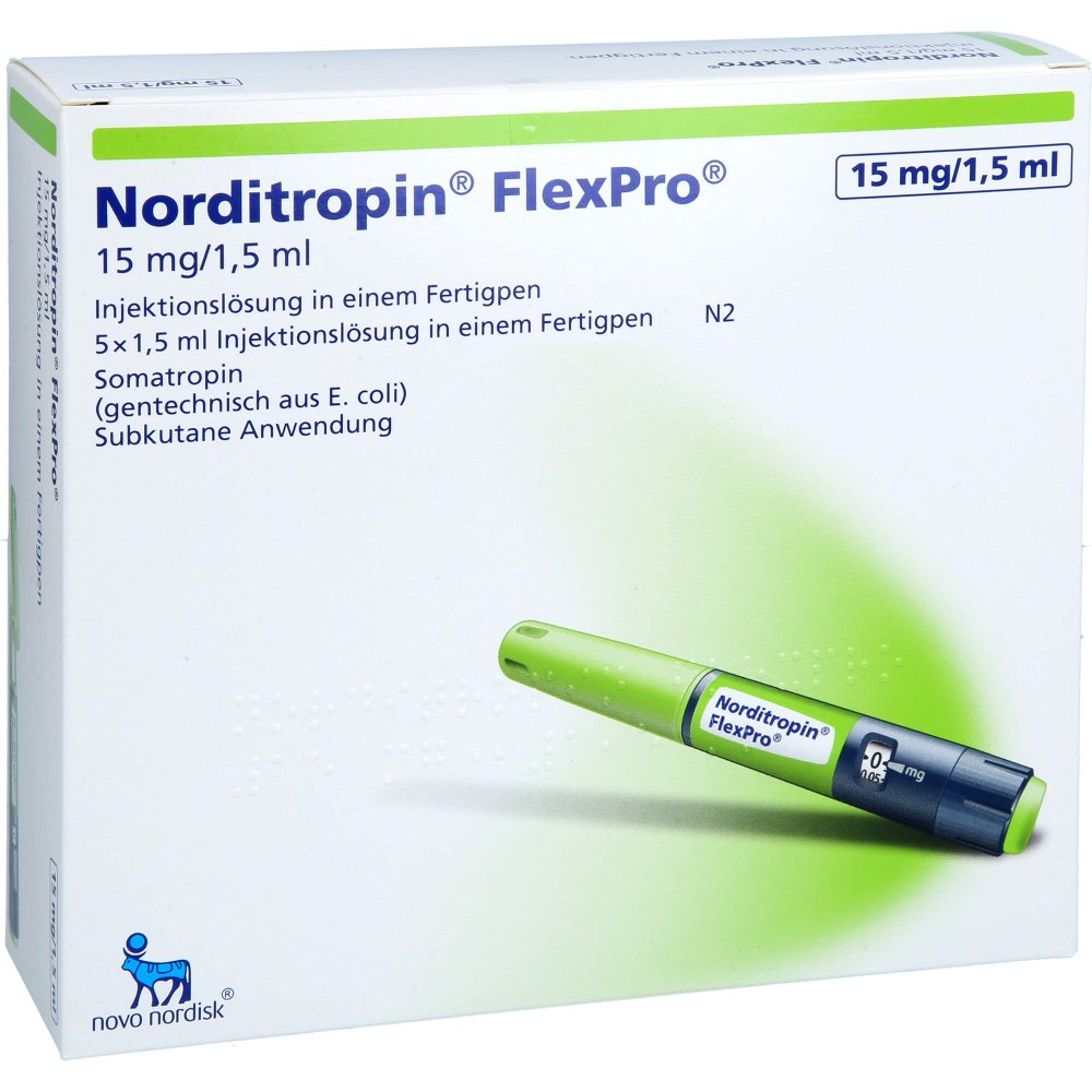 Das Produktfoto zeigt Norditropin Flexpro 15 Mg/1,5 Ml Inj.-L.I.E.F.Pen (5X1.5 ml) PZN 05459430