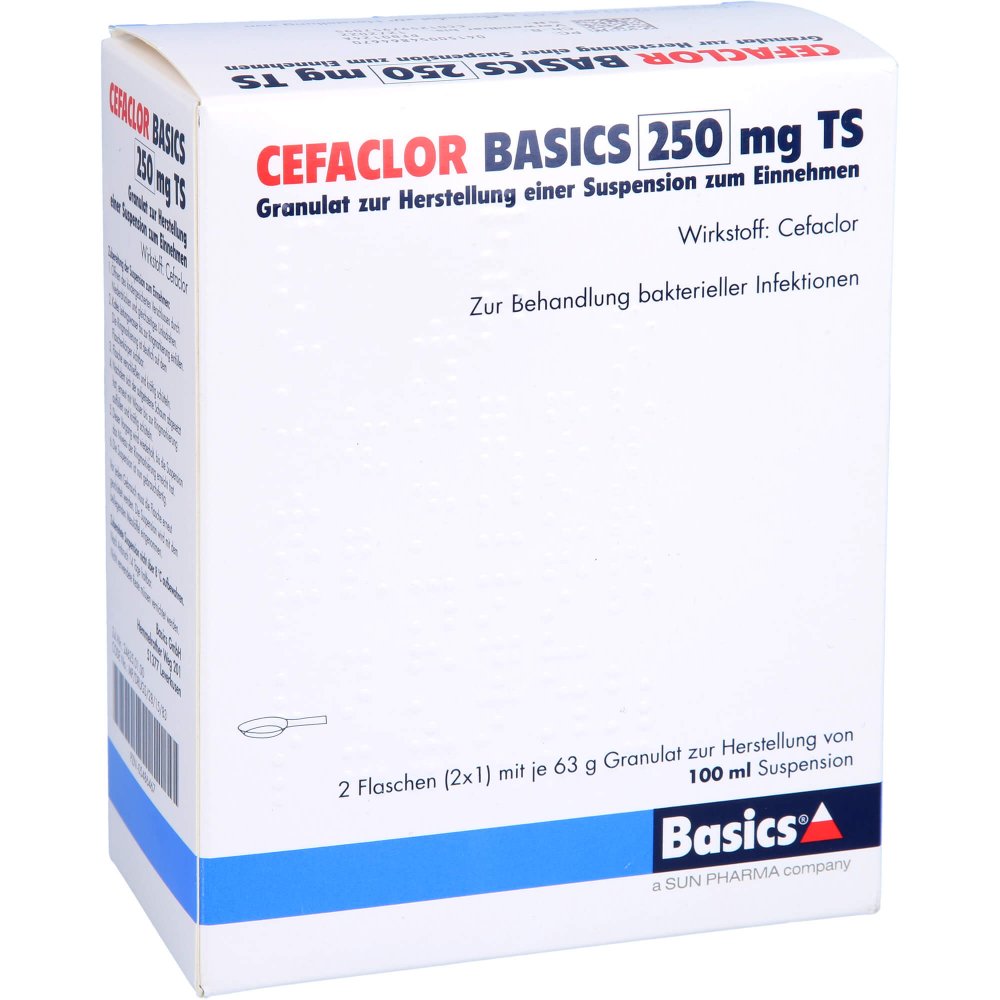 Das Produktfoto zeigt Cefaclor Basics 250 Mg Ts Gran.Z.Susp.-Herstell. (2X100 ml) PZN 05486467