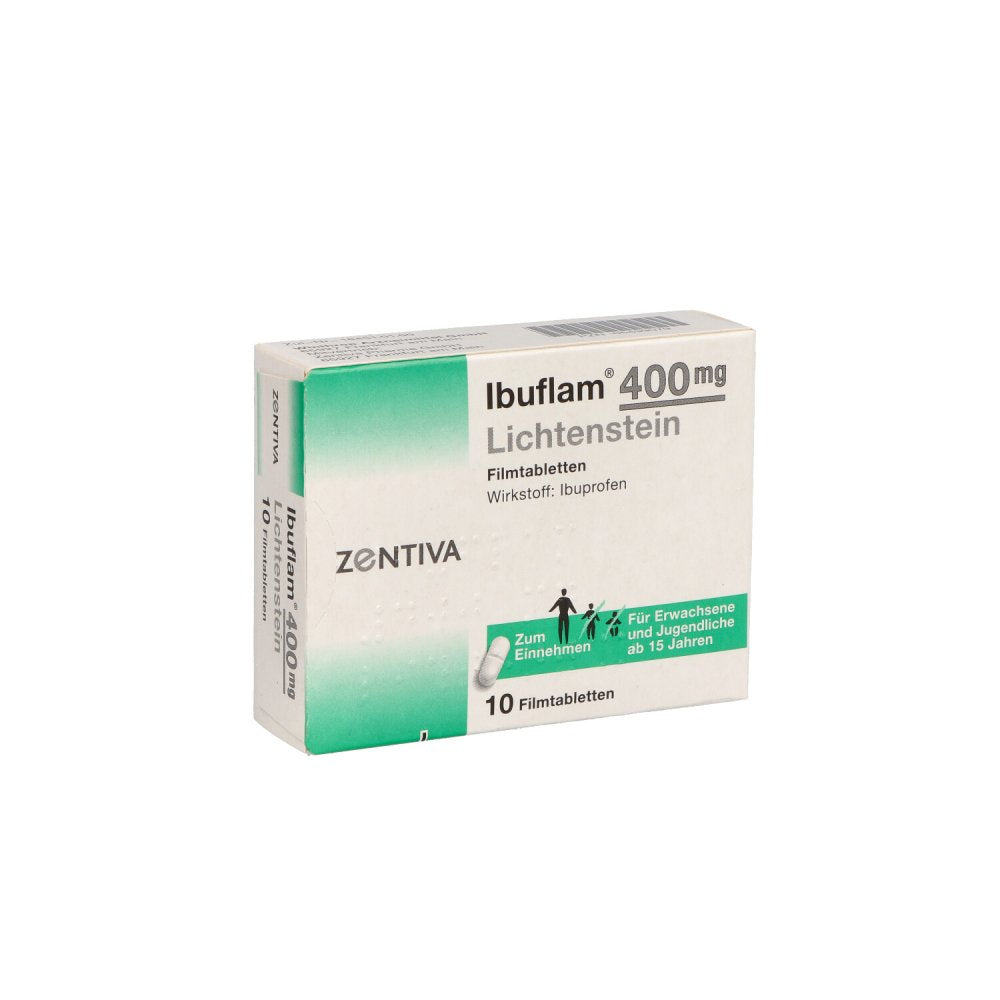 Das Produktfoto zeigt Ibuflam 400 Mg Lichtenstein Filmtabletten (10 stk) PZN 05499079