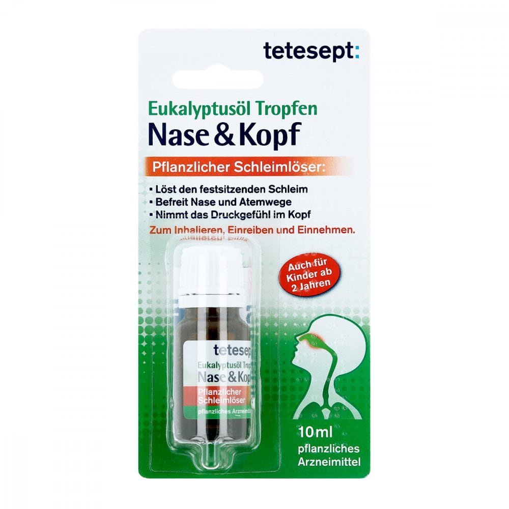 Das Produktfoto zeigt Tetesept Eukalyptusöl Tropfen Nase & Kopf (10 ml) PZN 05506170