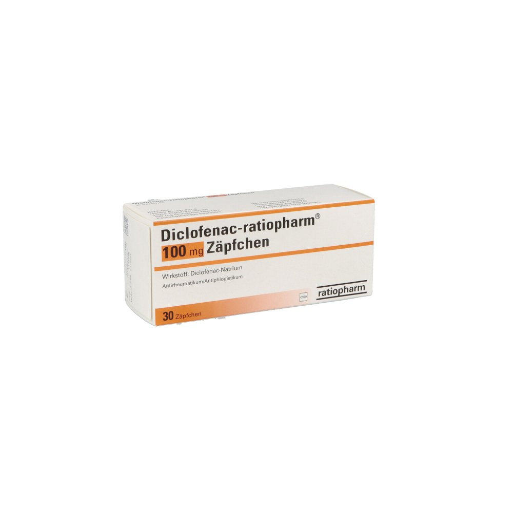 Das Produktfoto zeigt Diclofenac-Ratiopharm 100 Mg Zäpfchen (30 stk) PZN 05518629