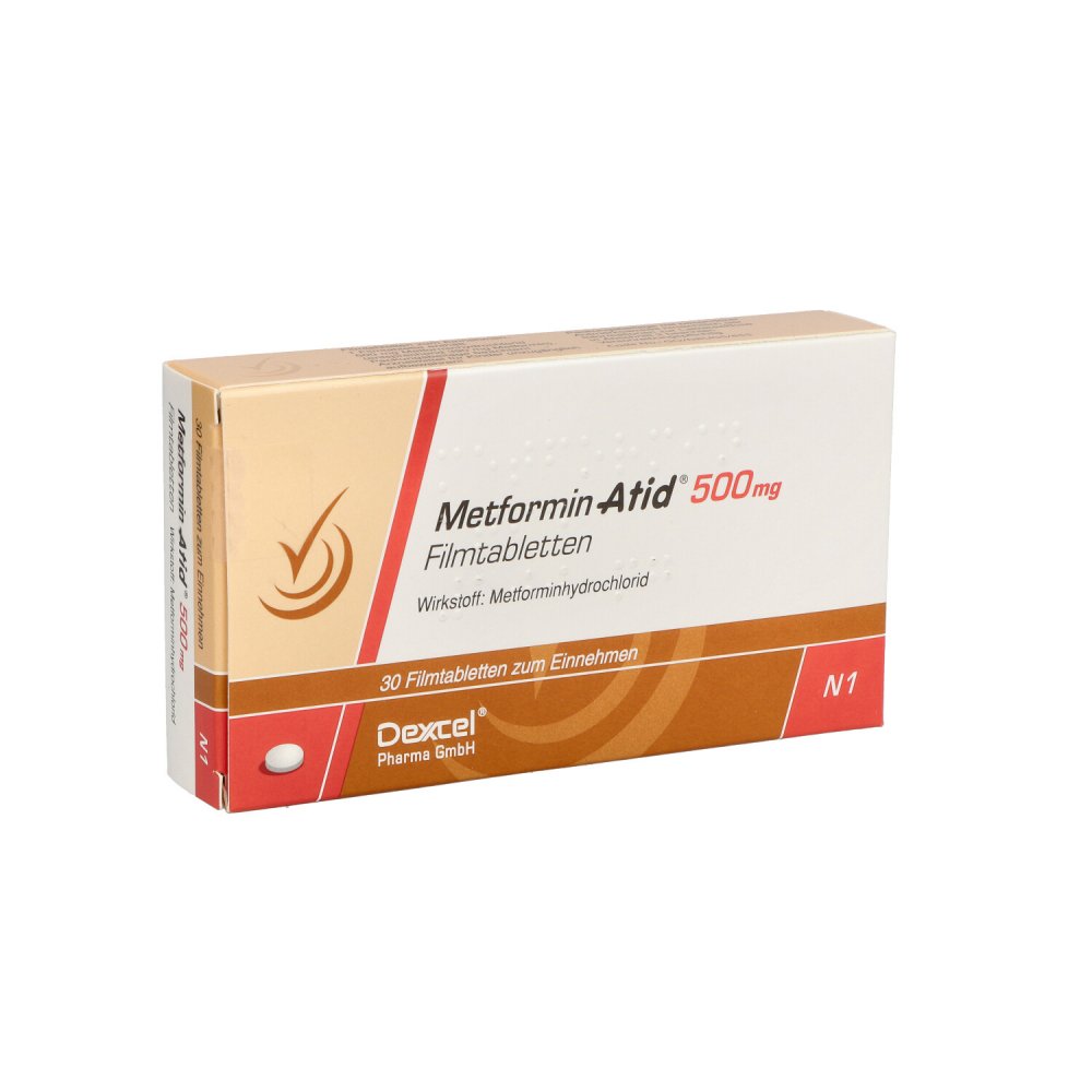 Das Produktfoto zeigt Metformin Atid 500 Mg Filmtabletten (30 stk) PZN 05542208
