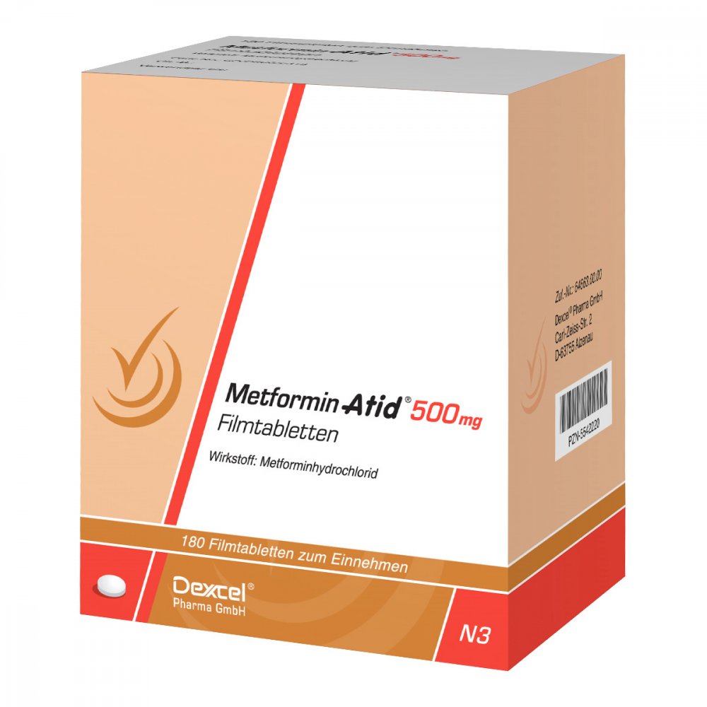 Das Produktfoto zeigt Metformin Atid 500 Mg Filmtabletten (180 stk) PZN 05542220