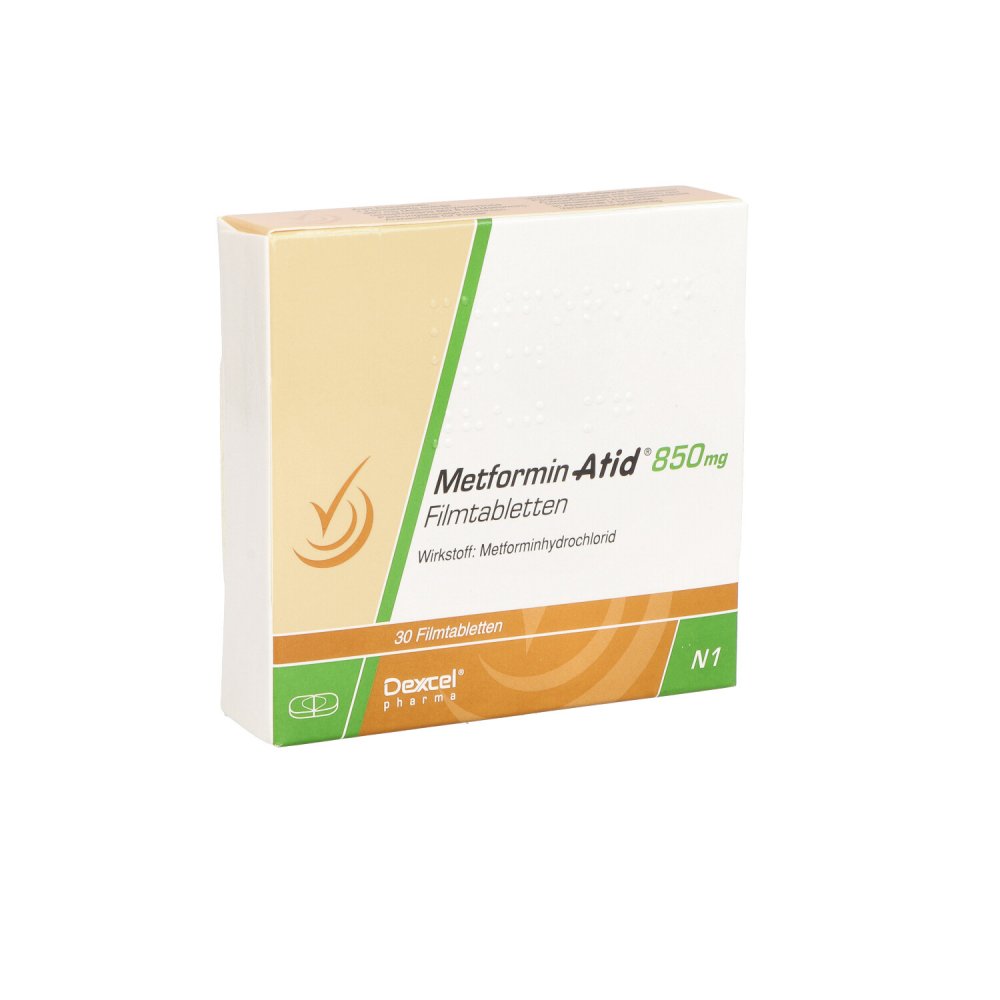 Das Produktfoto zeigt Metformin Atid 850 Mg Filmtabletten (30 stk) PZN 05542237