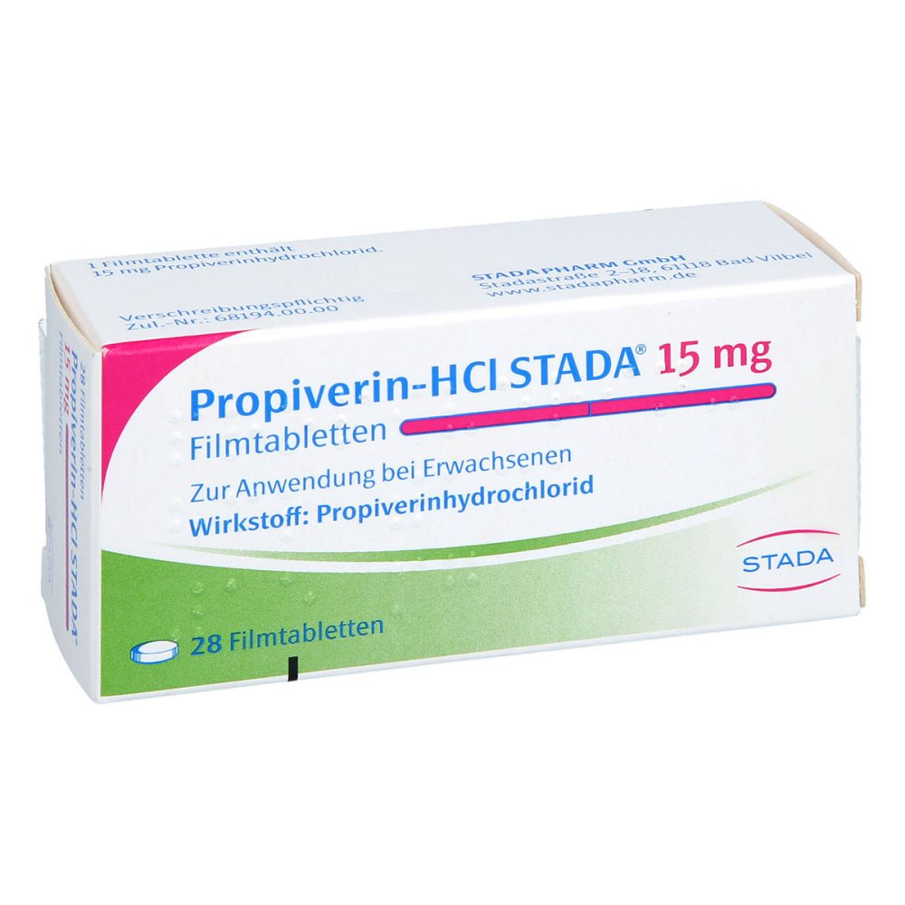 Das Produktfoto zeigt Propiverin-Hcl Stada 15 Mg Filmtabletten (28 stk) PZN 05542527