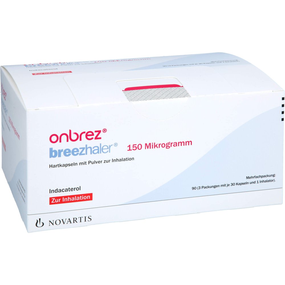 Das Produktfoto zeigt Onbrez Breezhaler 150 Μg Hartkaps.M.Plv.Z.Inhal. (3X30 stk) PZN 05742516