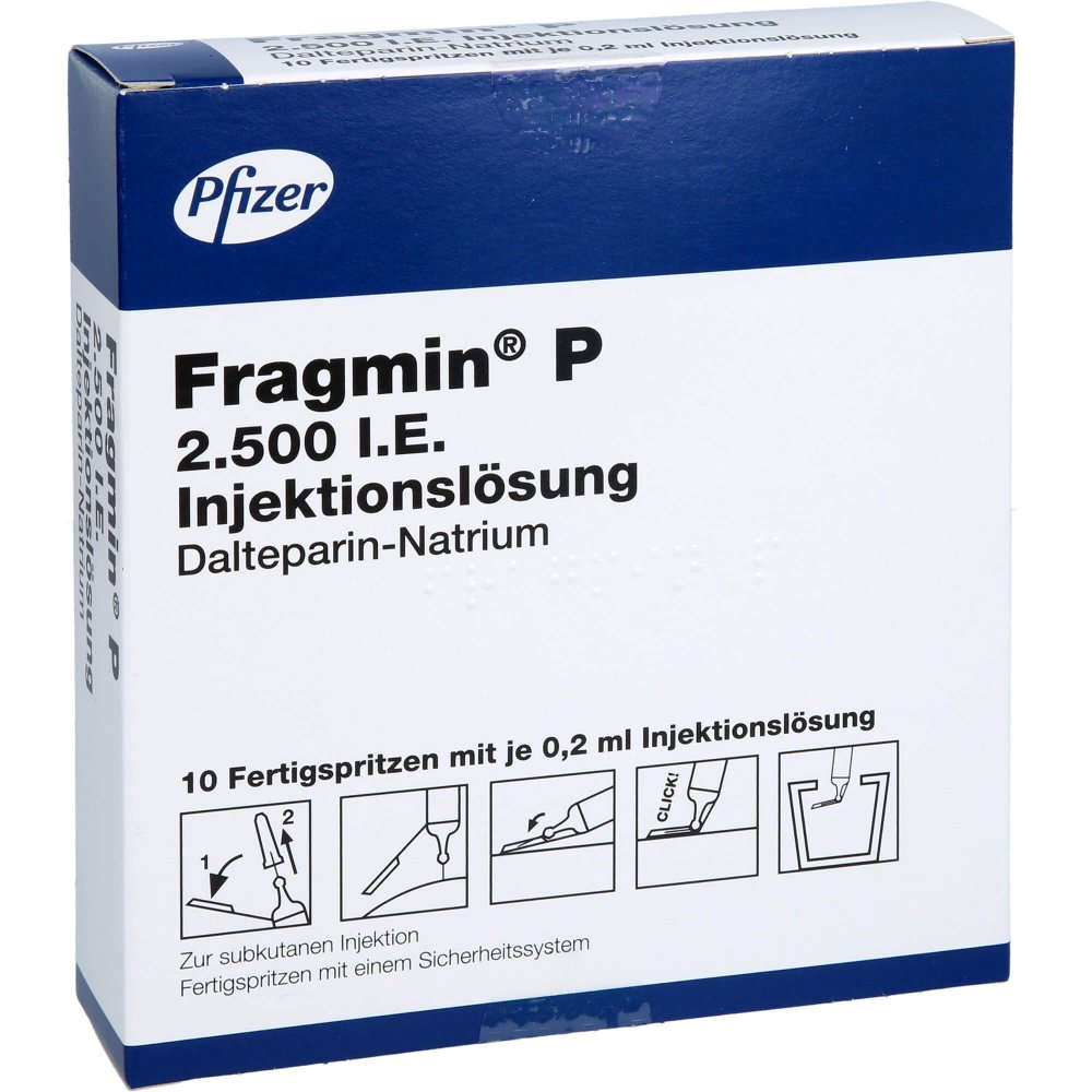 Das Produktfoto zeigt Fragmin 2.500 I.E. P Inj.-Lsg.I.E.Fs.M.Sich-Sys. (10 stk) PZN 05746425