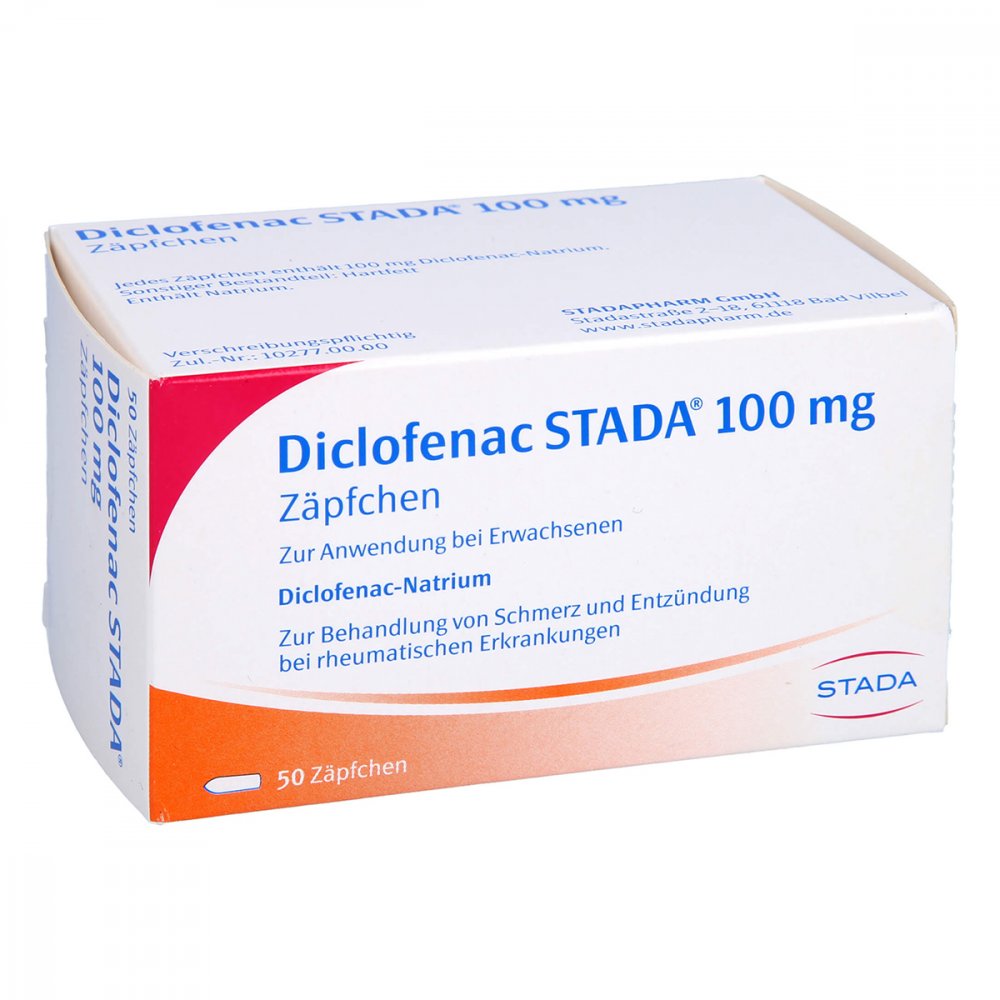 Das Produktfoto zeigt Diclofenac Stada 100 Mg Zäpfchen (50 stk) PZN 05883777