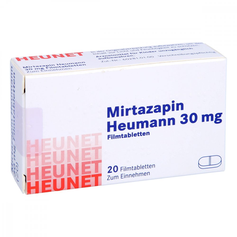 Das Produktfoto zeigt Mirtazapin Heumann 30 Mg Filmtabl.Heunet (20 stk) PZN 05890518