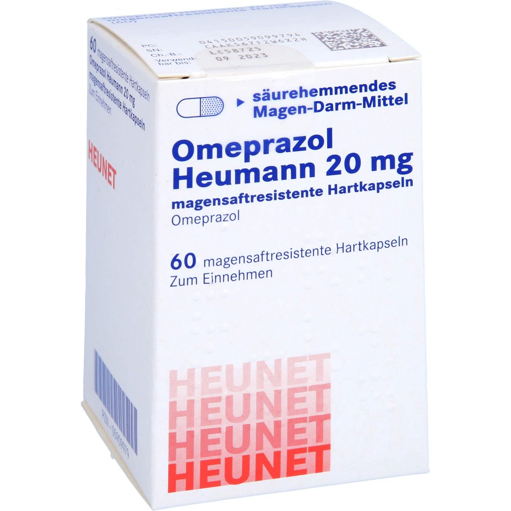 Das Produktfoto zeigt Omeprazol Heumann 20 Mg Magensaftr.Hartkps.Heunet (60 stk) PZN 05909979