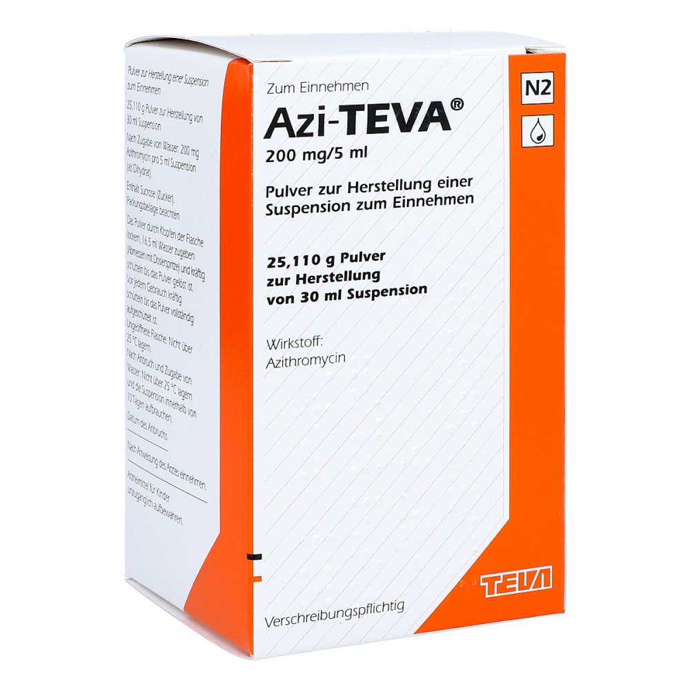 Das Produktfoto zeigt Azi Teva 200 Mg/5 Ml Pulver Z.Herst.E.Susp.Z.Einn. (30 ml) PZN 05948175