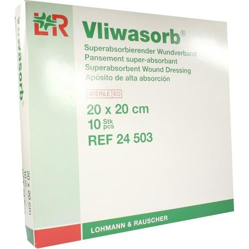 Das Produktfoto zeigt Vliwasorb Superabsorb.Saugkomp.Steril 20x20 Cm (10 stk) PZN 05974706