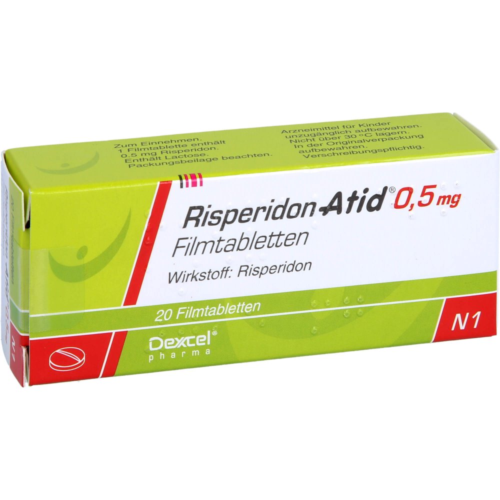 Das Produktfoto zeigt Risperidon Atid 0,5 Mg Filmtabletten (20 stk) PZN 05988915