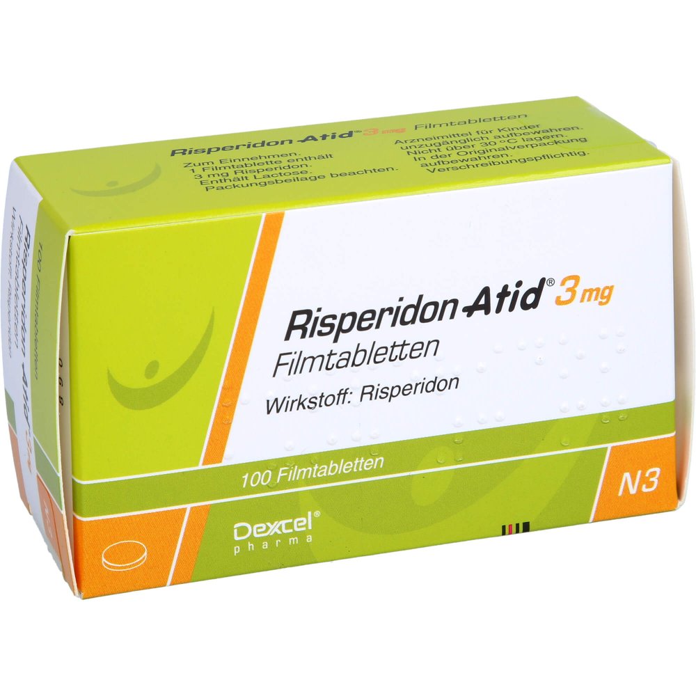 Das Produktfoto zeigt Risperidon Atid 3 Mg Filmtabletten (100 stk) PZN 05989033
