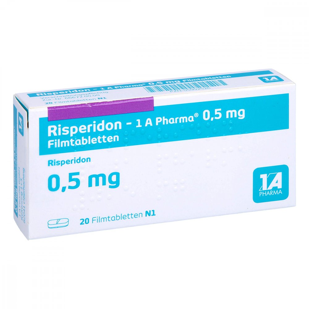 Das Produktfoto zeigt Risperidon-1a Pharma 0,5 Mg Filmtabletten (20 stk) PZN 05992526