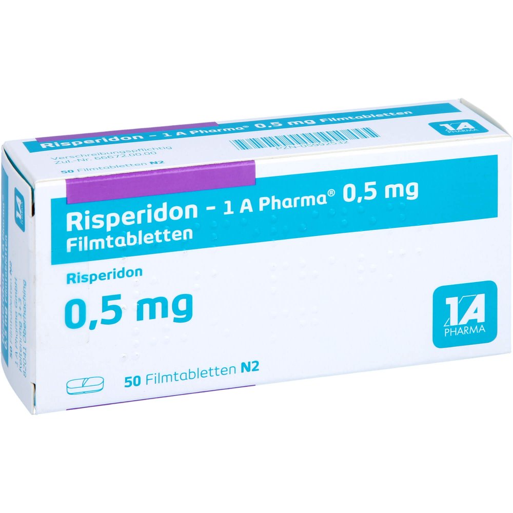 Das Produktfoto zeigt Risperidon-1a Pharma 0,5 Mg Filmtabletten (50 stk) PZN 05992532