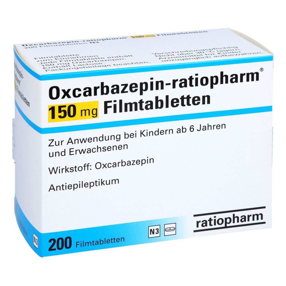 Das Produktfoto zeigt Oxcarbazepin-Ratiopharm 150 Mg Filmtabletten (200 stk) PZN 06055195