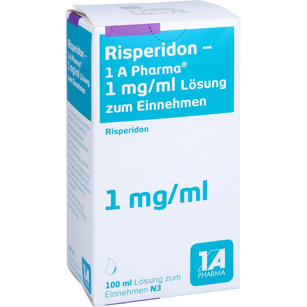 Das Produktfoto zeigt Risperidon-1a Pharma 1 Mg/Ml Lösung Z.Einn. (100 ml) PZN 06063295