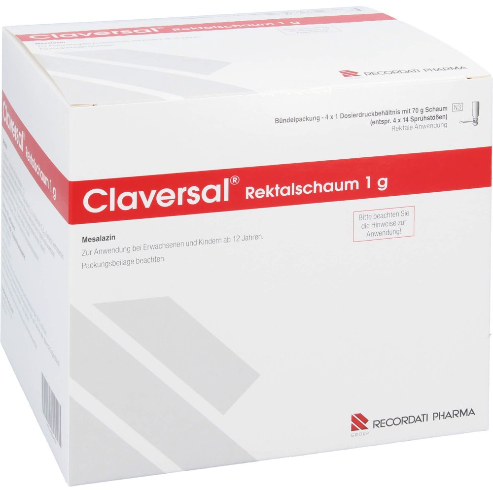 Das Produktfoto zeigt Claversal Rektalschaum 1 G (4X70 g) PZN 06064001