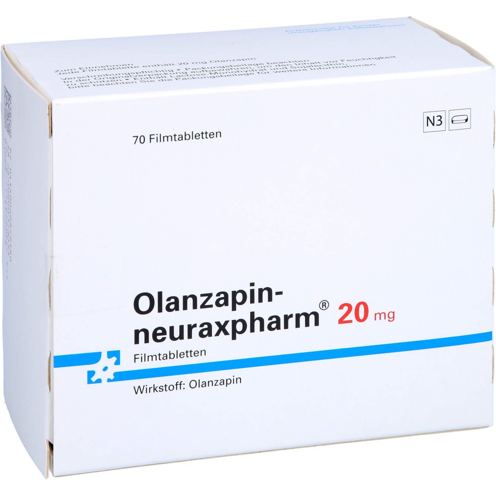 Das Produktfoto zeigt Olanzapin-Neuraxpharm 20 Mg Filmtabletten (70 stk) PZN 06082938