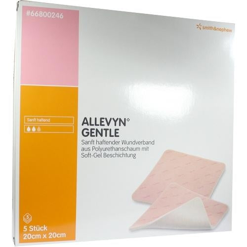 Das Produktfoto zeigt Allevyn Gentle 20x20 Cm Schaumverband (5 stk) PZN 06087410