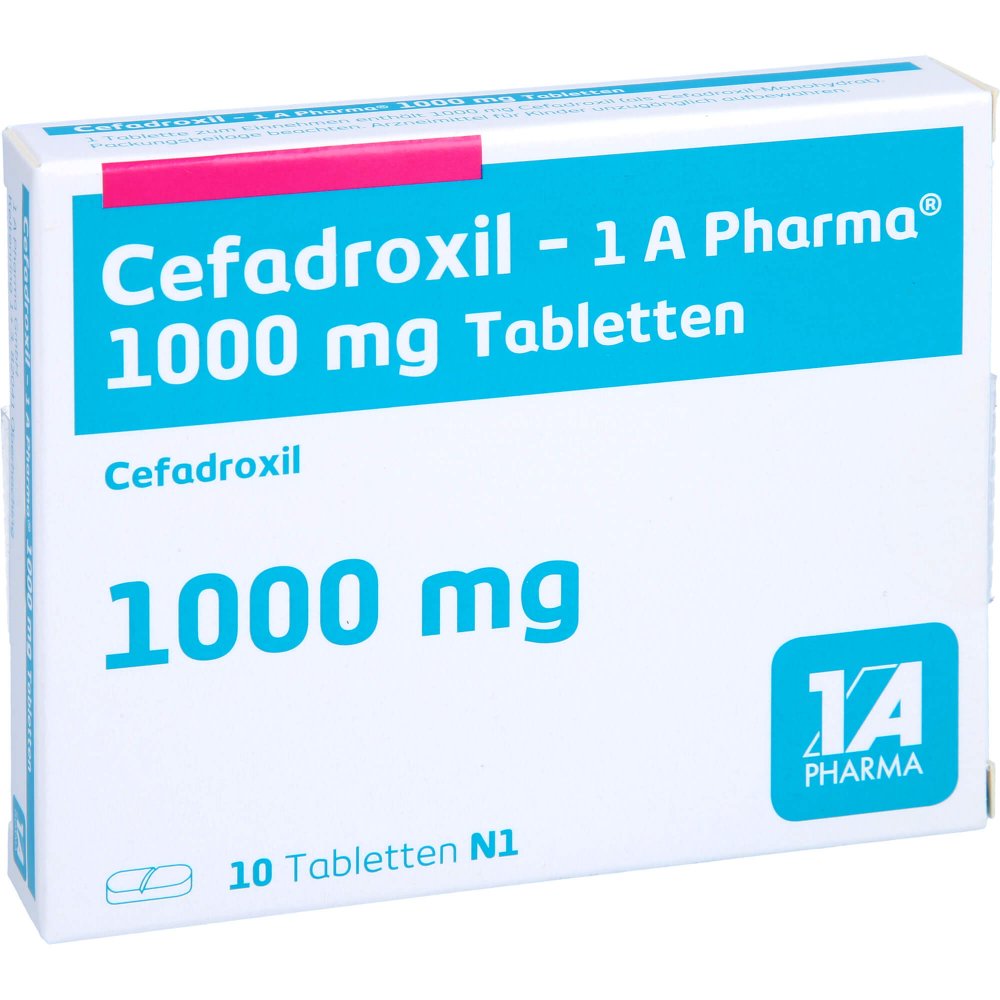 Das Produktfoto zeigt Cefadroxil-1a Pharma 1000 Mg Tabletten (10 stk) PZN 06092641