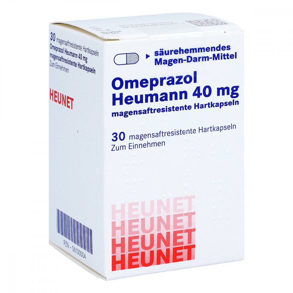 Das Produktfoto zeigt Omeprazol Heumann 40 Mg Magensaftr.Hartkps.Heunet (30 stk) PZN 06100004