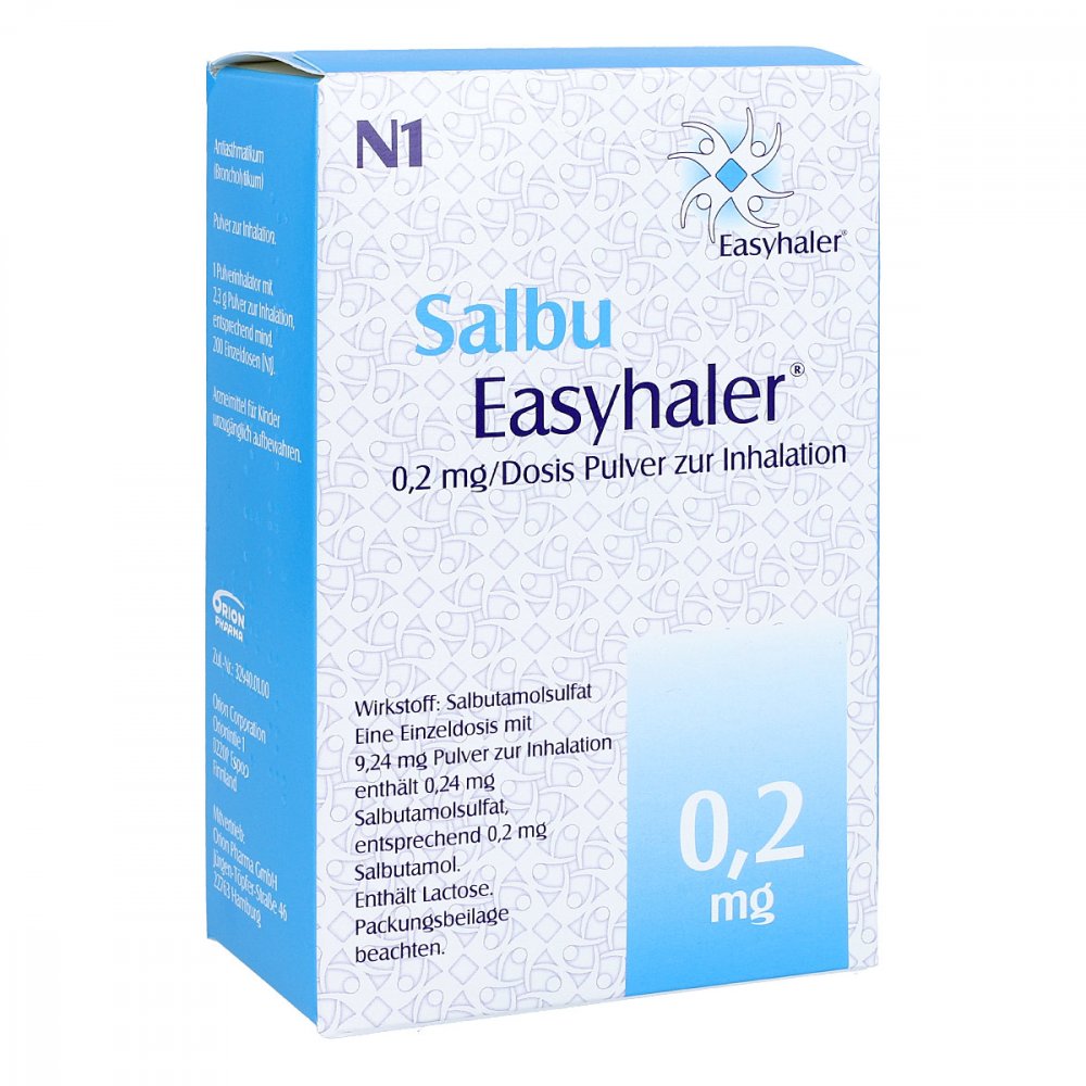 Das Produktfoto zeigt Salbu Easyhaler 0,2 Mg/Dosis 200 Ed Plv.Z.Inhal. (1 stk) PZN 06102109