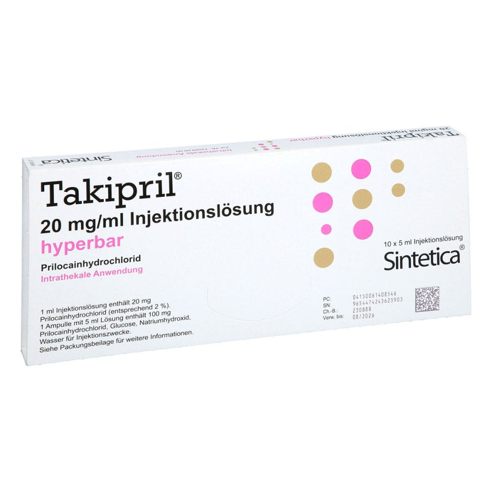 Das Produktfoto zeigt Takipril 20 Mg/Ml Injektionslösung Ampullen (10X5 ml) PZN 06140854