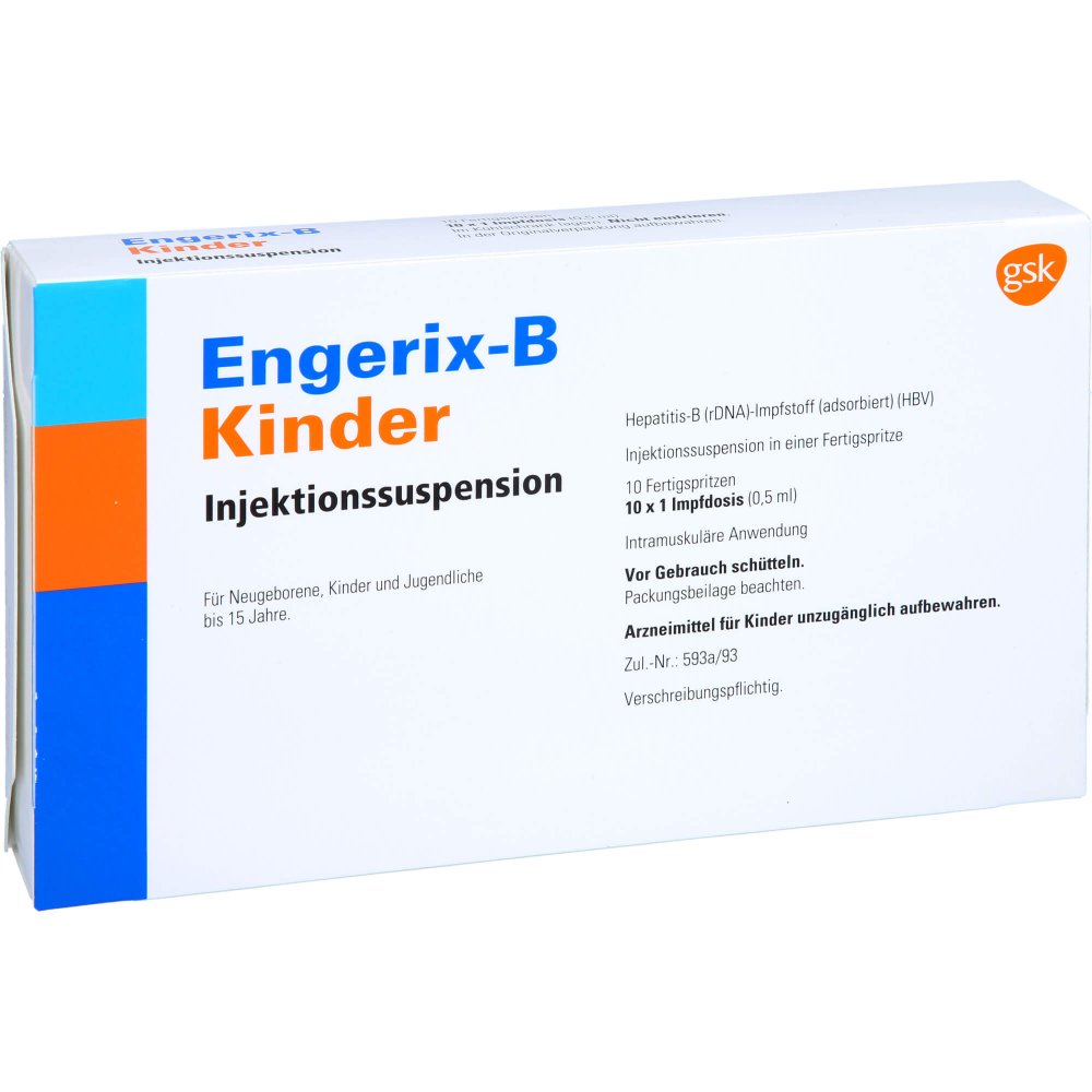 Das Produktfoto zeigt Engerix-B Kinder Inj.-Susp.I.E.Fertigspritze O.Kan (10X0.5 ml) PZN 06155442